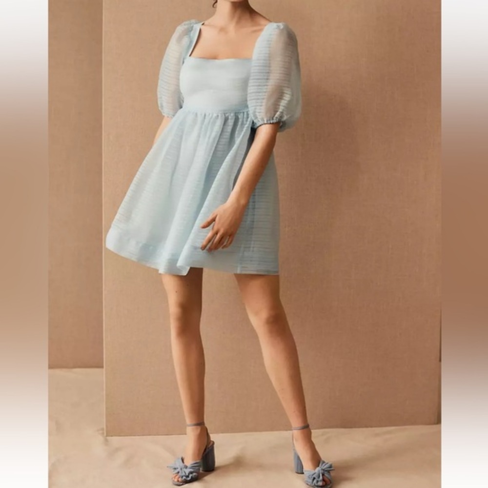 NWT BHLDN x Free People Alaine Mini Dress Fit & Flare Organza Puff Sleeves Sz 12